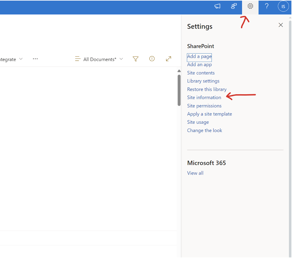 SharePoint Setting panel